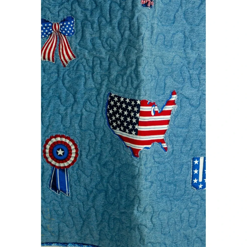 Handmade Patriotic Denim Quilt Americana USA Stars Kids Throw Applique 34 x 41